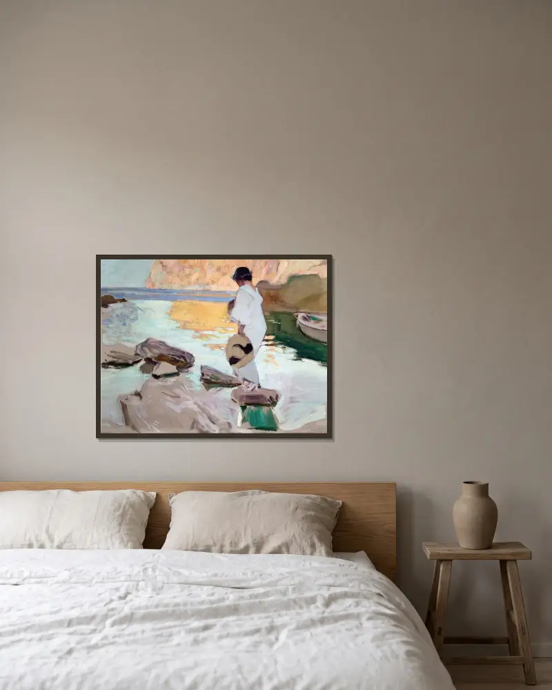 Elena vid Cala de San Vicente av Joaquín Sorolla inramad på en vägg