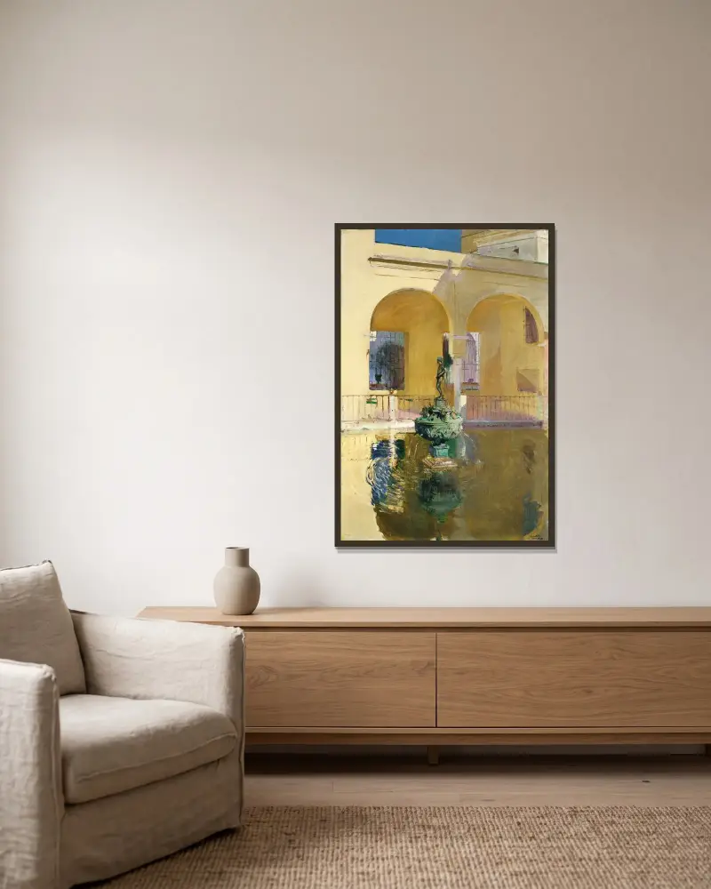 Dammen vid Karl V:s palats, Alcázar, Sevilla av Joaquín Sorolla inramad på en vägg