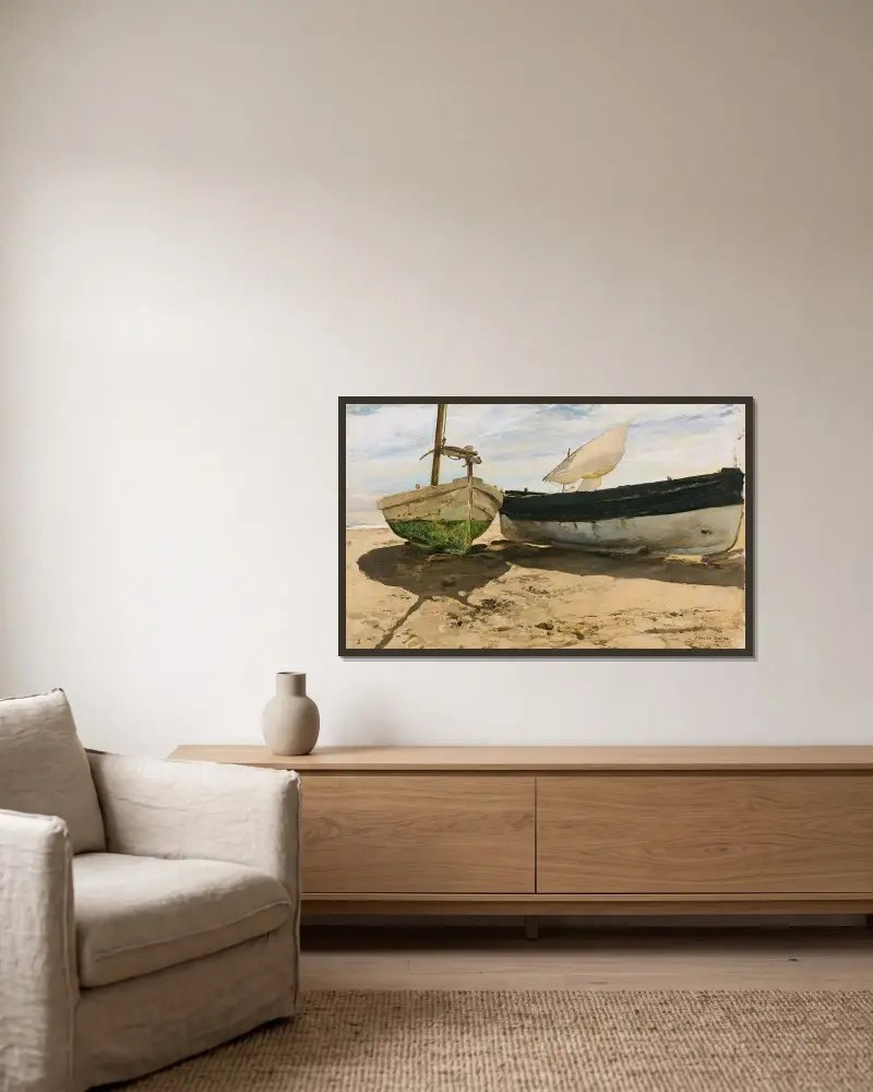 Fiskebåtar på stranden, Valencia av Joaquín Sorolla inramad på en vägg