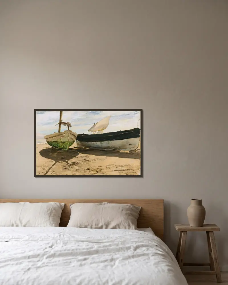 Fiskebåtar på stranden, Valencia av Joaquín Sorolla inramad på en vägg