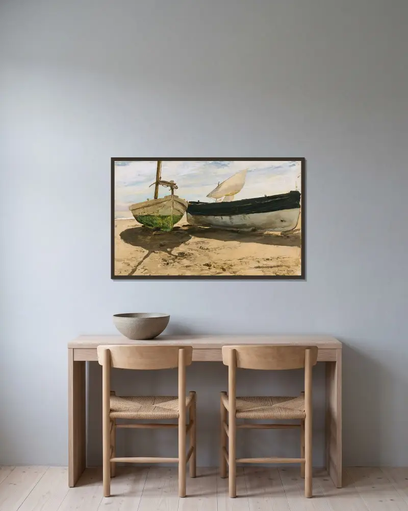 Fiskebåtar på stranden, Valencia av Joaquín Sorolla inramad på en vägg