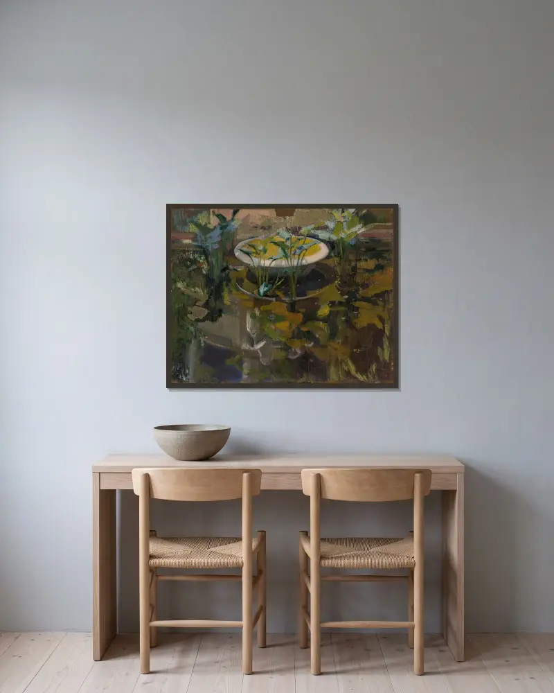 Der Garten des Künstlerhauses; Spiegelungen im Brunnen der Vertraulichkeiten von Joaquín Sorolla gerahmt an einer Wand