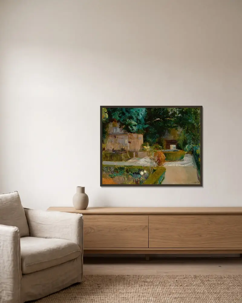 Trädgården vid Adarves, Alhambra, Granada av Joaquín Sorolla inramad på en vägg