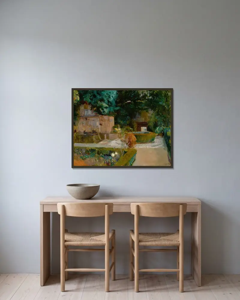 Trädgården vid Adarves, Alhambra, Granada av Joaquín Sorolla inramad på en vägg