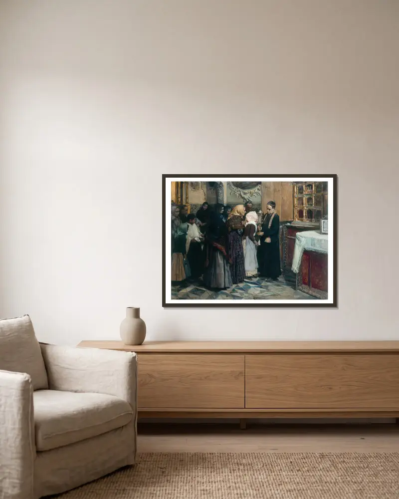 Der Kuss auf die Reliquie von Joaquín Sorolla gerahmt an einer Wand