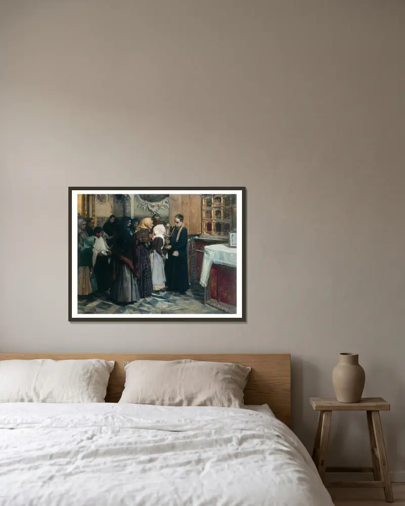 Der Kuss auf die Reliquie von Joaquín Sorolla gerahmt an einer Wand