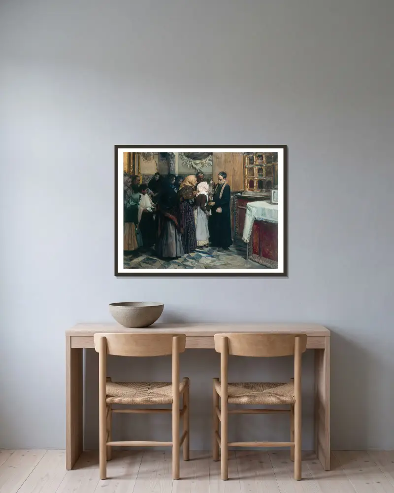 Der Kuss auf die Reliquie von Joaquín Sorolla gerahmt an einer Wand