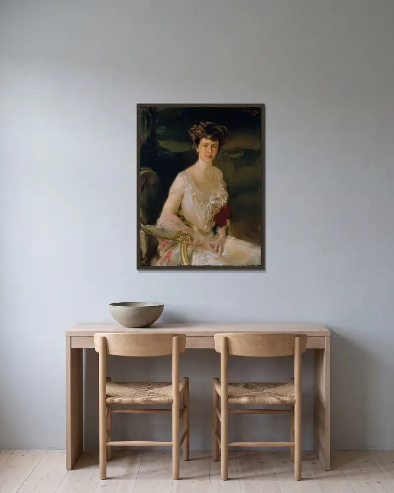 Mrs. Winthrop W. Aldrich (Harriet Alexander, 1888–1972) von Joaquín Sorolla gerahmt an einer Wand