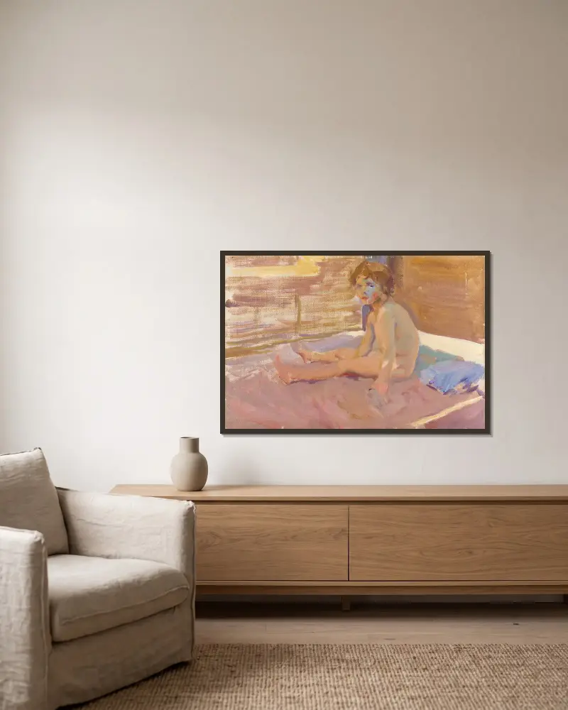 Flicka på stranden i Valencia av Joaquín Sorolla inramad på en vägg