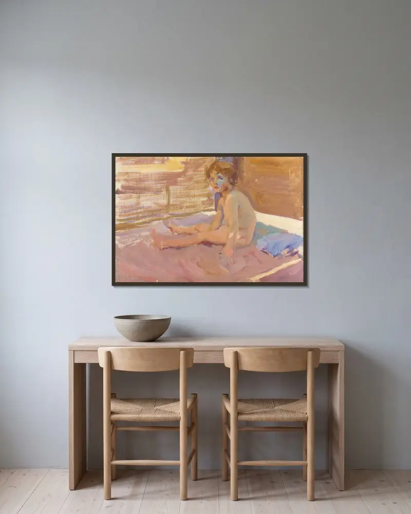 Flicka på stranden i Valencia av Joaquín Sorolla inramad på en vägg