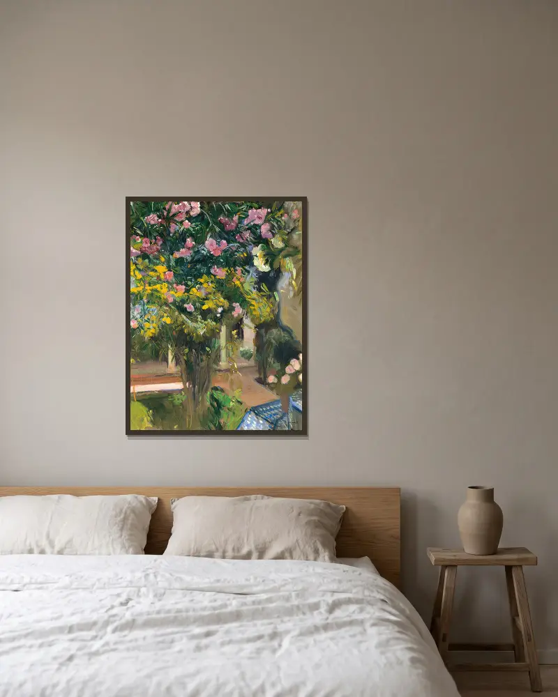Oleandrar, konstnärens gård av Joaquín Sorolla inramad på en vägg