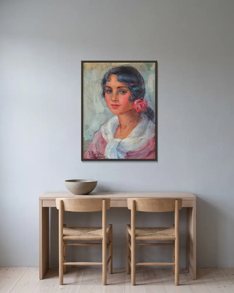 Porträtt av en kvinna av Joaquín Sorolla inramad på en vägg