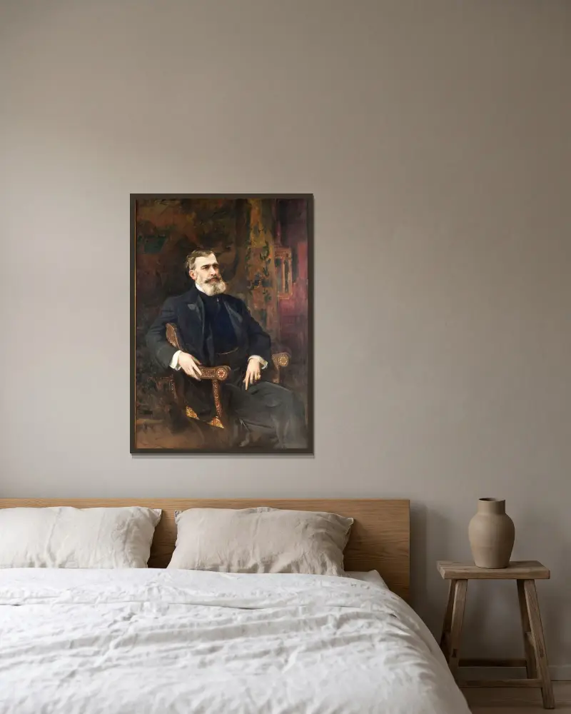 Porträtt av José Prudencio de Guerrico av Joaquín Sorolla inramad på en vägg
