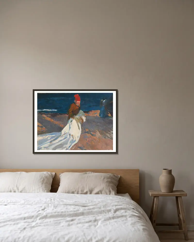 Das Segel bergen, Strand von Valencia von Joaquín Sorolla gerahmt an einer Wand