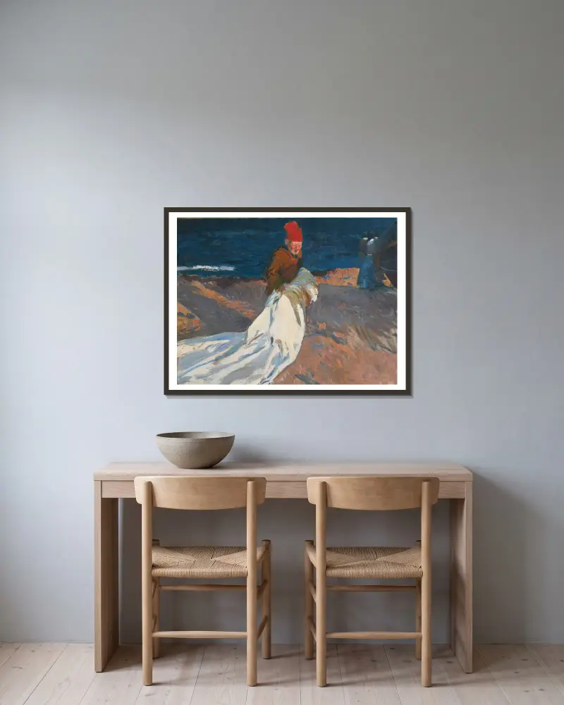 Das Segel bergen, Strand von Valencia von Joaquín Sorolla gerahmt an einer Wand