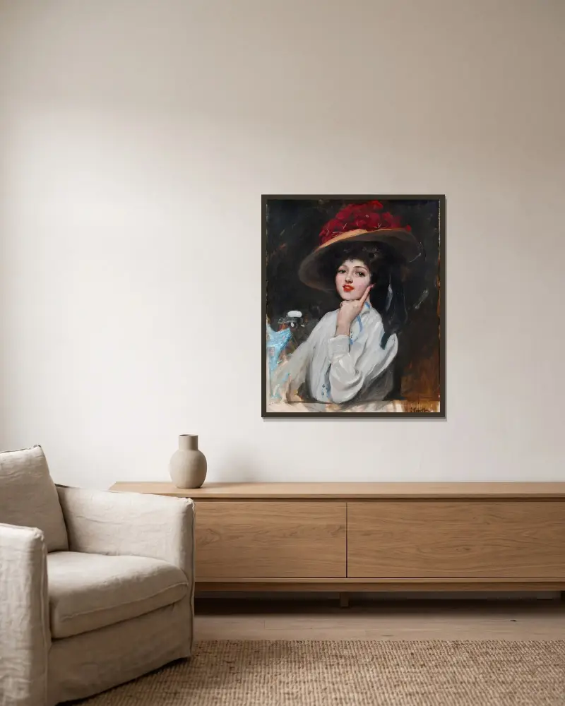 Bildnis einer jungen Frau mit Hut, vermutlich Raquel Meller von Joaquín Sorolla gerahmt an einer Wand