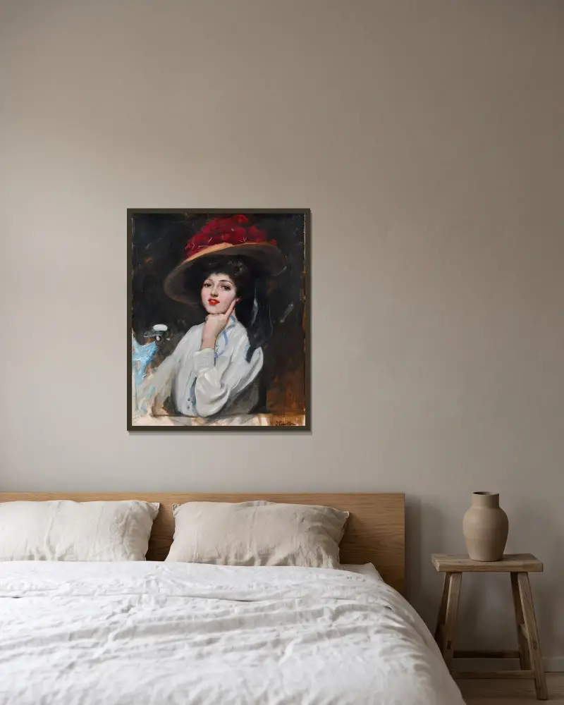 Bildnis einer jungen Frau mit Hut, vermutlich Raquel Meller von Joaquín Sorolla gerahmt an einer Wand