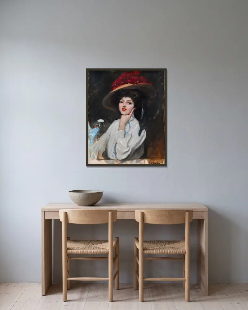 Bildnis einer jungen Frau mit Hut, vermutlich Raquel Meller von Joaquín Sorolla gerahmt an einer Wand