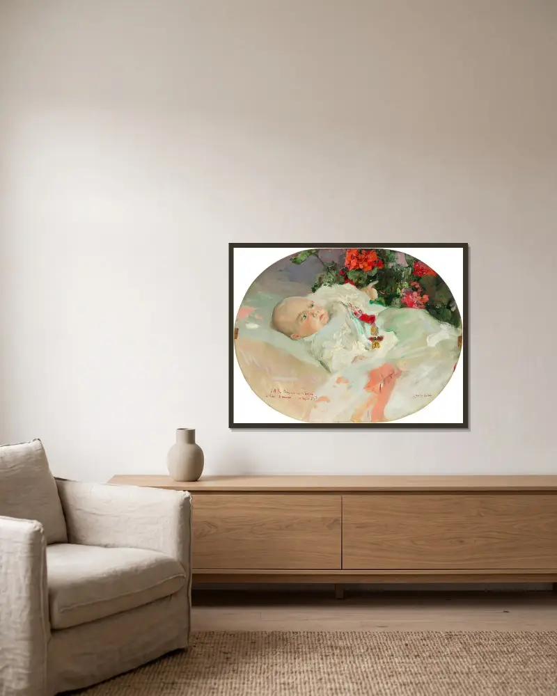 Porträt des Prinzen von Asturien. Alfonso de Borbón Battenberg im Alter von zwei Monaten von Joaquín Sorolla gerahmt an einer Wand