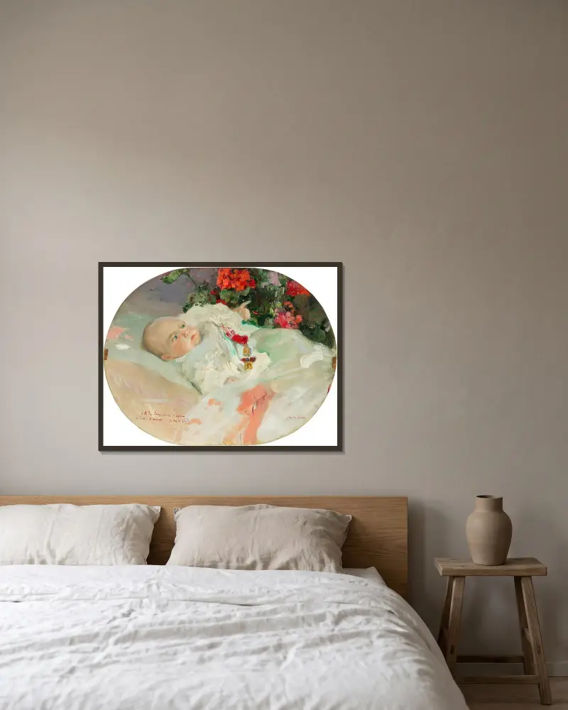 Porträt des Prinzen von Asturien. Alfonso de Borbón Battenberg im Alter von zwei Monaten von Joaquín Sorolla gerahmt an einer Wand