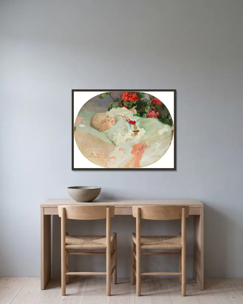 Porträt des Prinzen von Asturien. Alfonso de Borbón Battenberg im Alter von zwei Monaten von Joaquín Sorolla gerahmt an einer Wand
