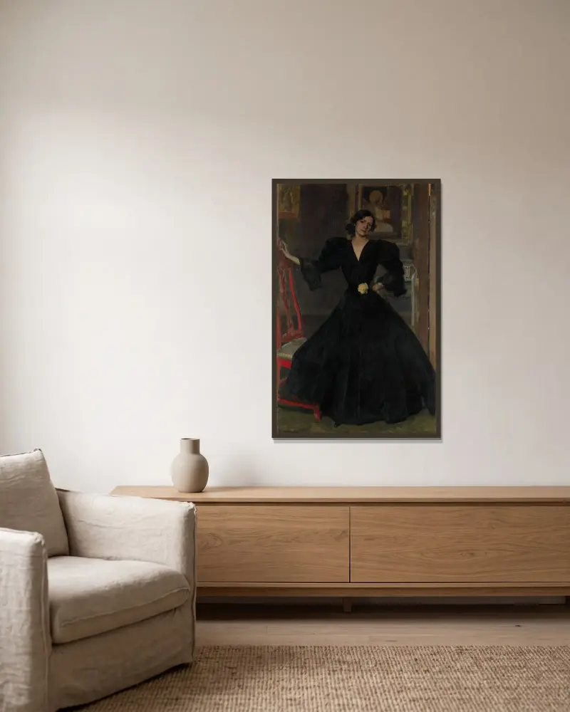 Señora de Sorolla (Clotilde García del Castillo, 1865–1929) in Schwarz von Joaquín Sorolla gerahmt an einer Wand