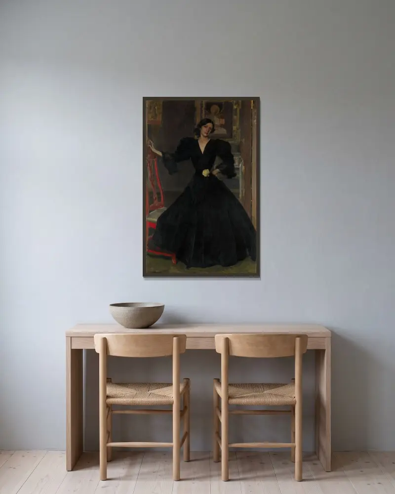 Señora de Sorolla (Clotilde García del Castillo, 1865–1929) in Schwarz von Joaquín Sorolla gerahmt an einer Wand