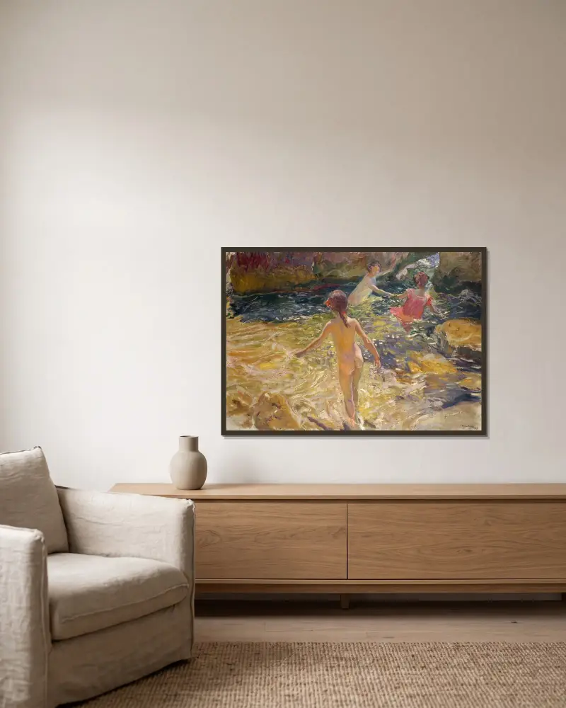 Das Bad, Jávea von Joaquín Sorolla gerahmt an einer Wand