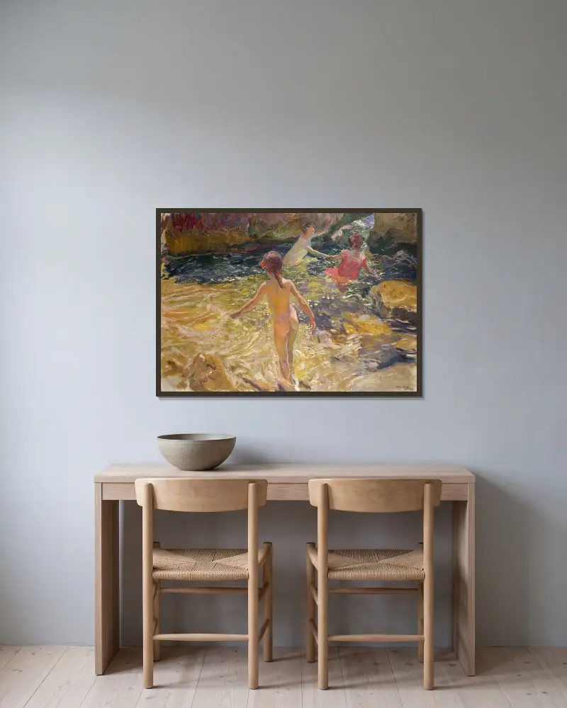Das Bad, Jávea von Joaquín Sorolla gerahmt an einer Wand