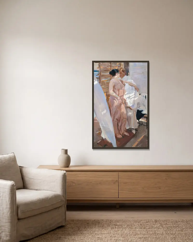 Der rosa Morgenmantel. Nach dem Bad von Joaquín Sorolla gerahmt an einer Wand