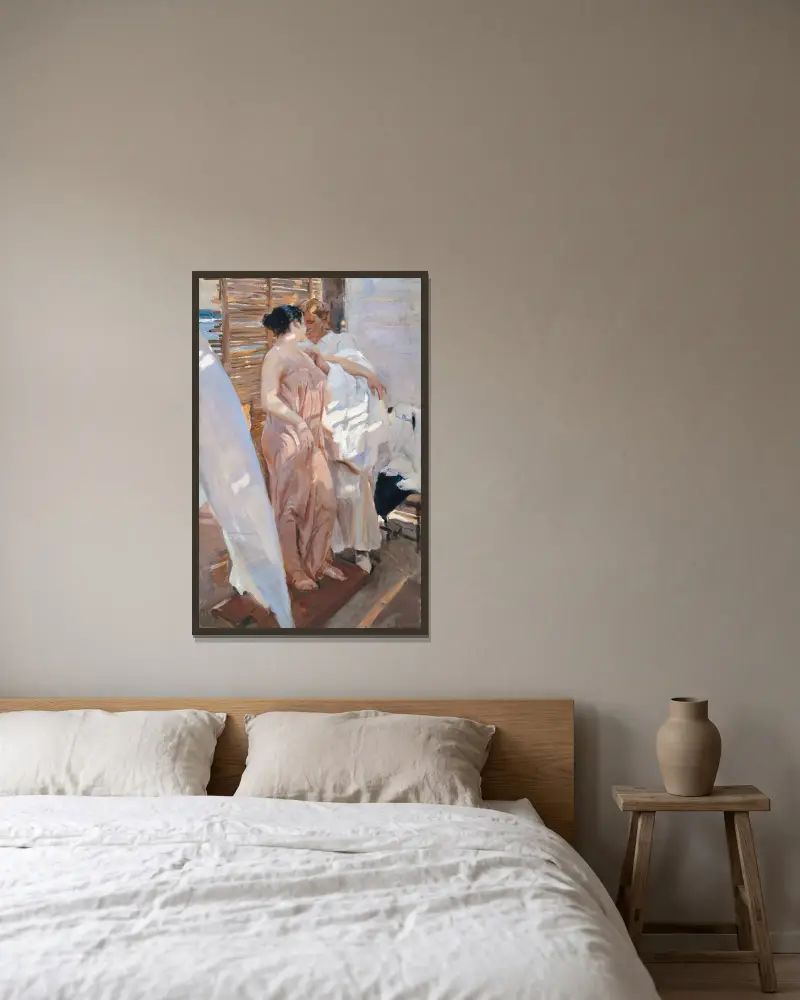 Der rosa Morgenmantel. Nach dem Bad von Joaquín Sorolla gerahmt an einer Wand