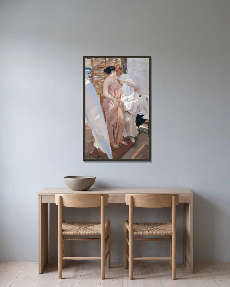 Der rosa Morgenmantel. Nach dem Bad von Joaquín Sorolla gerahmt an einer Wand