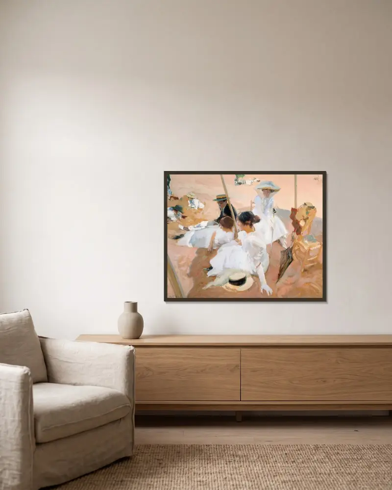 Under markisen, på stranden i Zarauz av Joaquín Sorolla inramad på en vägg