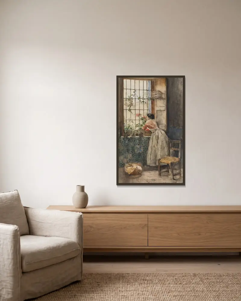 Valencianerin am Gitter von Joaquín Sorolla gerahmt an einer Wand