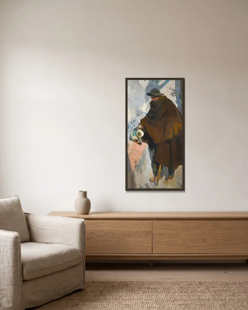 Alter Kastilier, sich Wein einschenkend von Joaquín Sorolla gerahmt an einer Wand