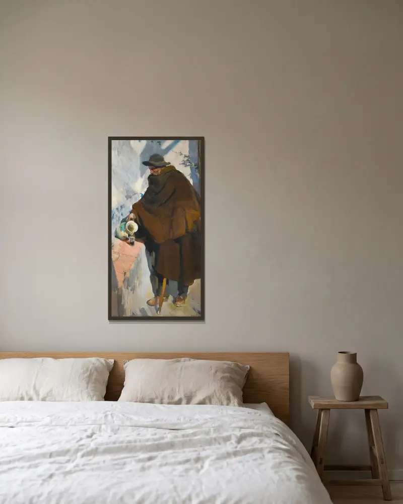 Alter Kastilier, sich Wein einschenkend von Joaquín Sorolla gerahmt an einer Wand