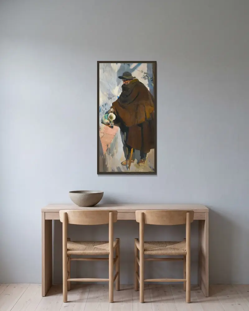 Alter Kastilier, sich Wein einschenkend von Joaquín Sorolla gerahmt an einer Wand