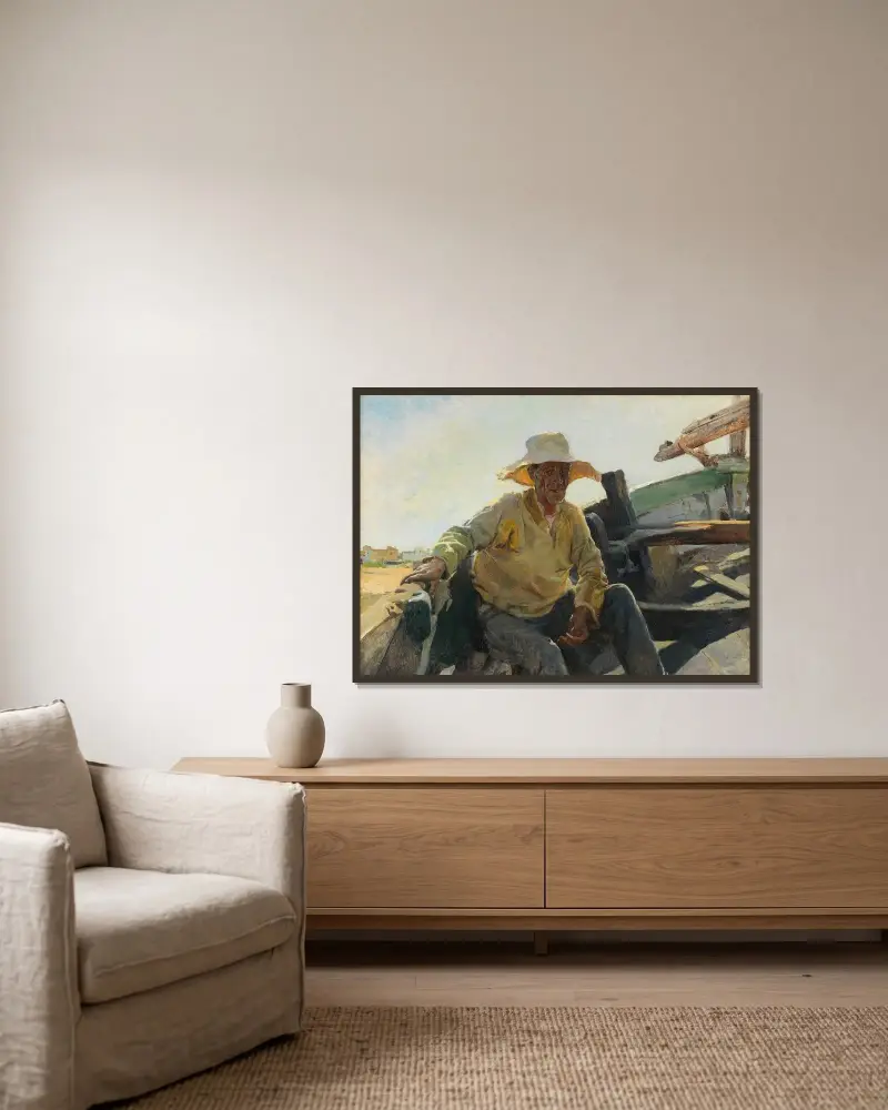 Gammal fiskare i en båt av Joaquín Sorolla inramad på en vägg