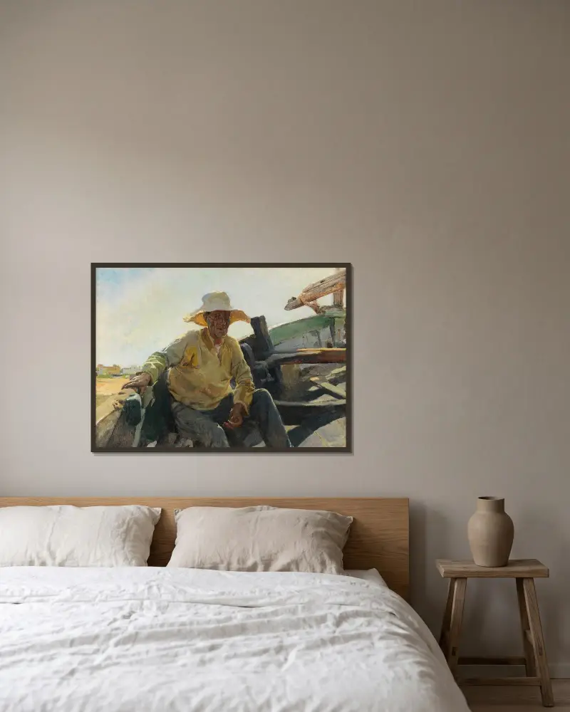 Gammal fiskare i en båt av Joaquín Sorolla inramad på en vägg