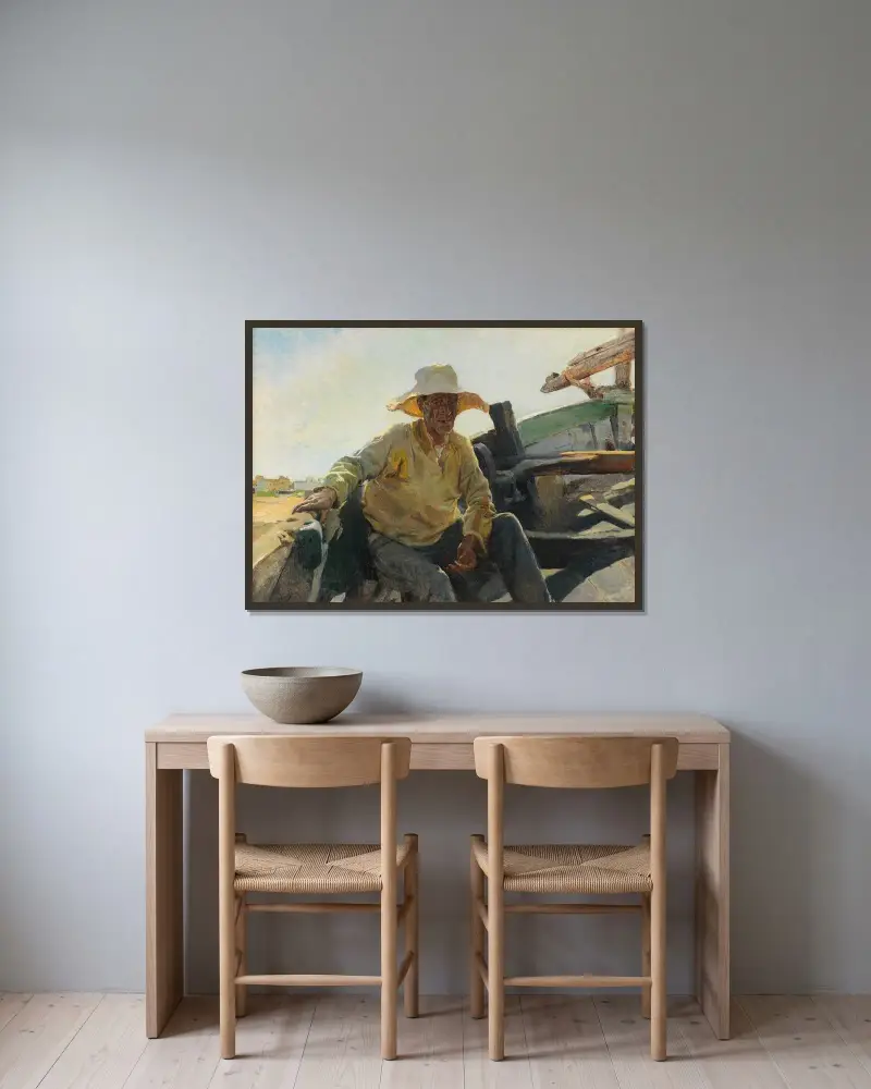 Gammal fiskare i en båt av Joaquín Sorolla inramad på en vägg