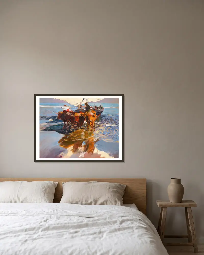 Fiskarnas återkomst. Valencias strand av Joaquín Sorolla inramad på en vägg
