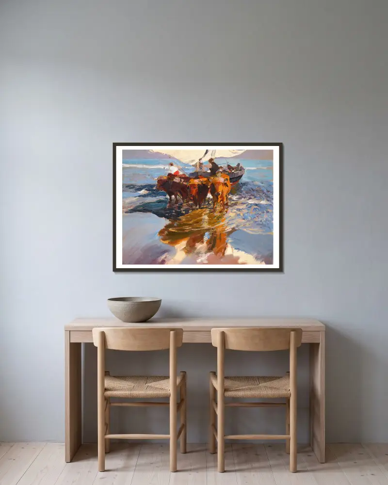 Fiskarnas återkomst. Valencias strand av Joaquín Sorolla inramad på en vägg