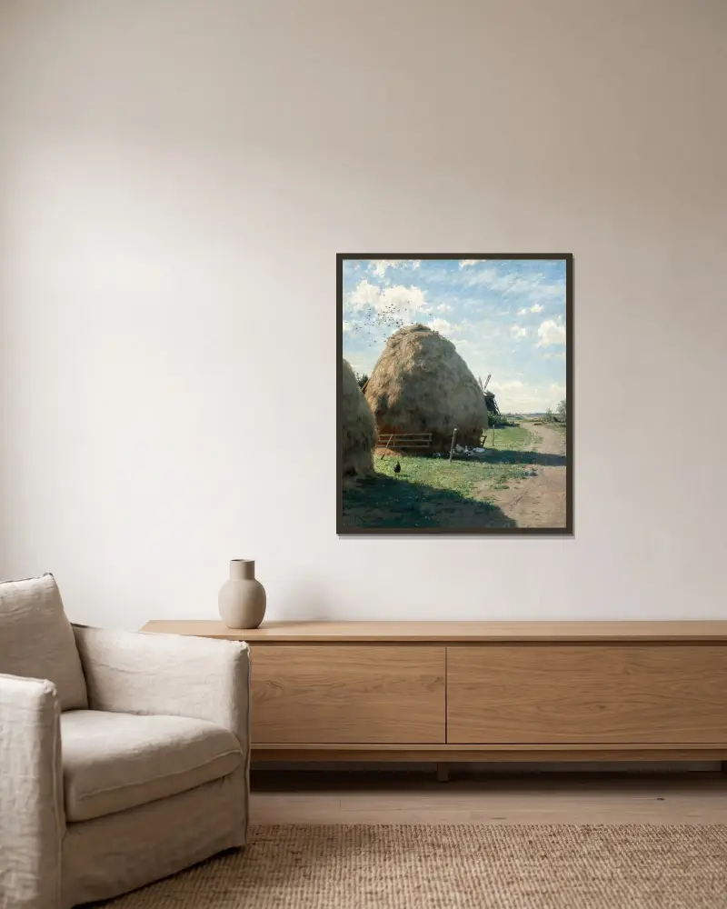 Heuhaufen. Sommermotiv aus Skagen von Johan Krouthén gerahmt an einer Wand