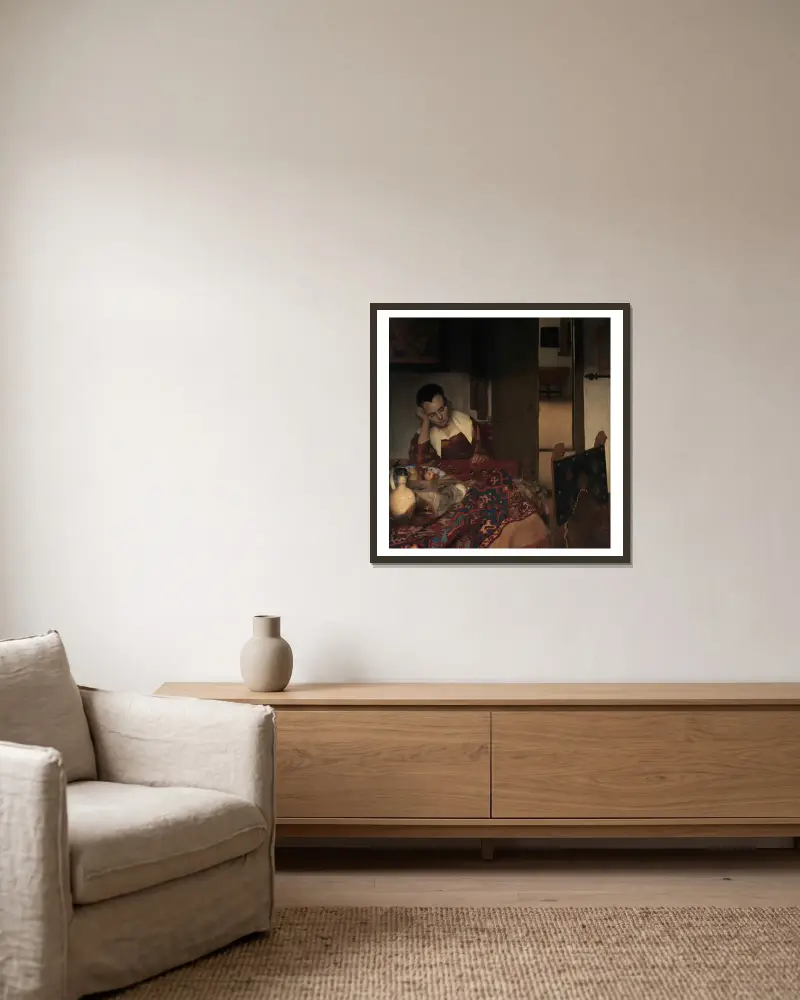 A Maid Asleep av Johannes Vermeer inramad på en vägg