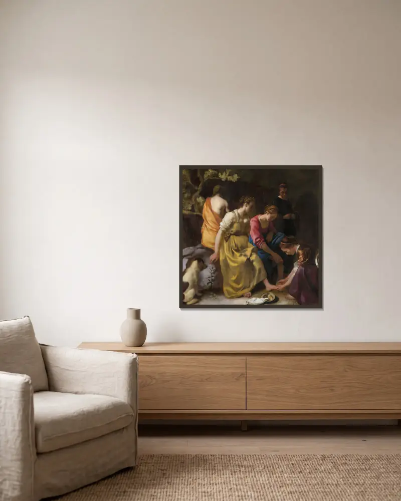 Diana and Her Nymphs av Johannes Vermeer inramad på en vägg