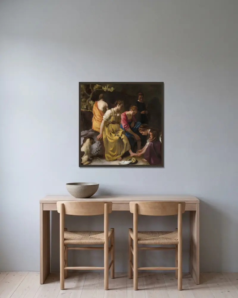 Diana and Her Nymphs av Johannes Vermeer inramad på en vägg