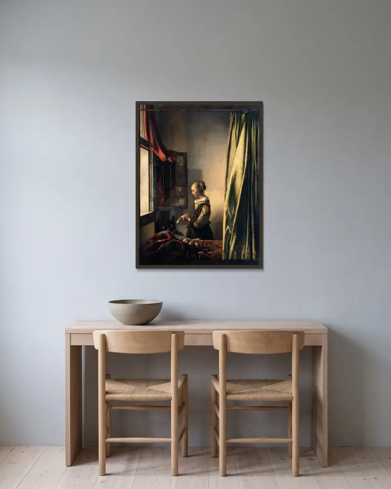 Girl Reading A Letter By An Open Window av Johannes Vermeer inramad på en vägg