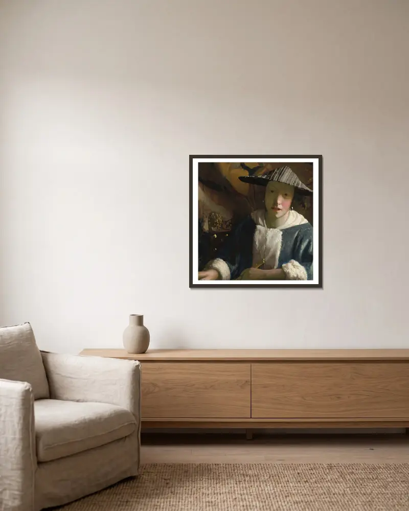Girl with a Flute (probably 1665-1675) av Johannes Vermeer inramad på en vägg