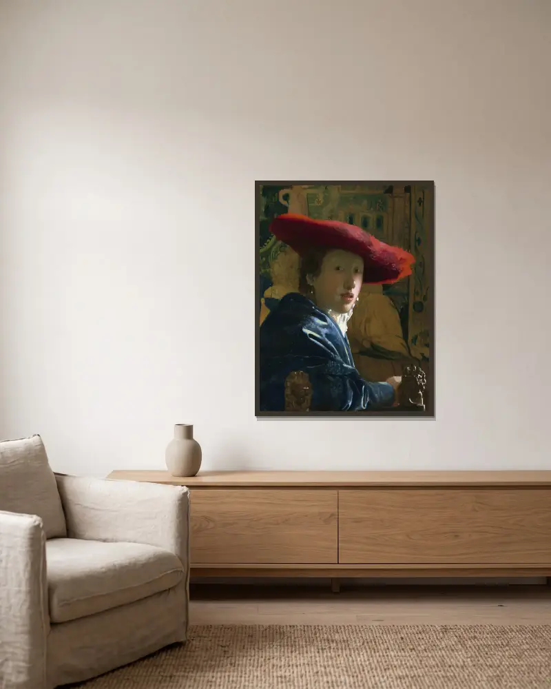 Mädchen mit dem roten Hut von Johannes Vermeer gerahmt an einer Wand