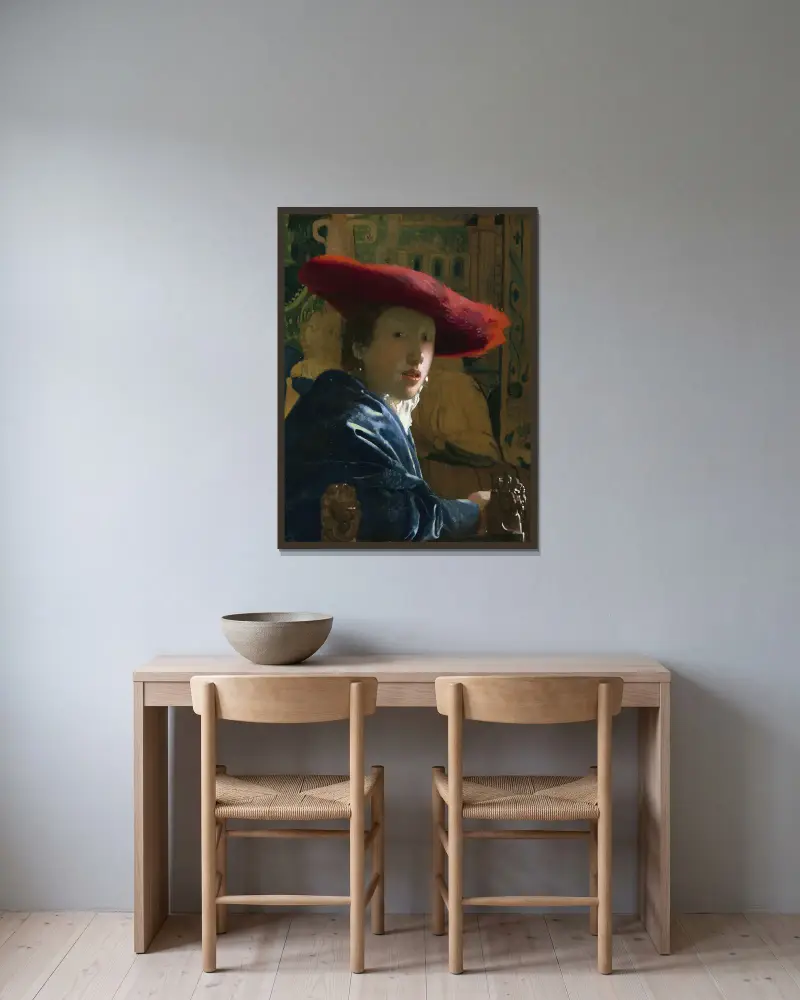 Mädchen mit dem roten Hut von Johannes Vermeer gerahmt an einer Wand
